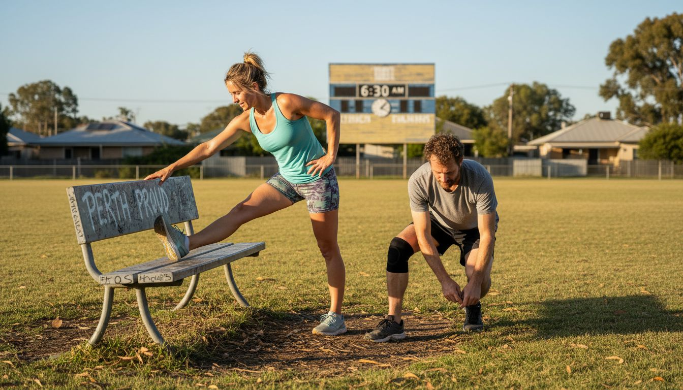 Australian athletes warming up outdoors at sunrise