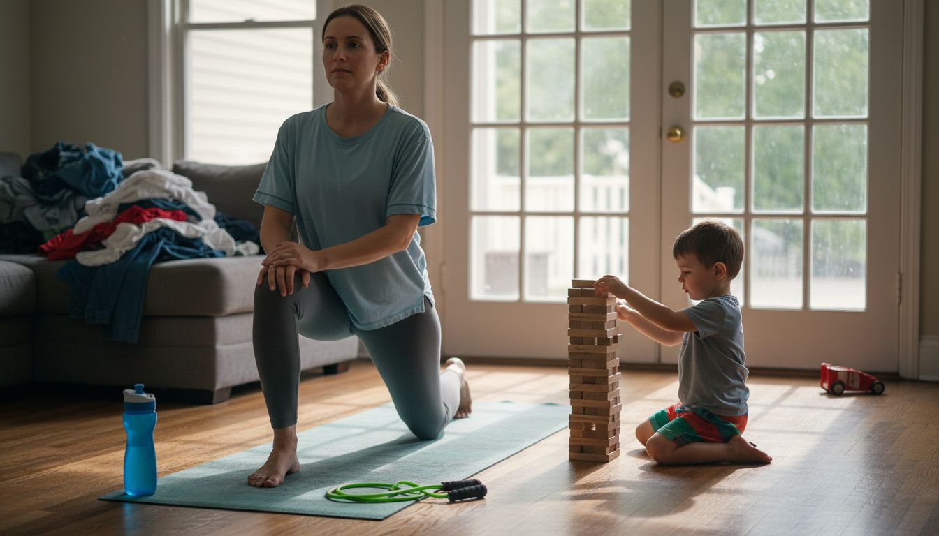 Parent exercising while child plays nearby