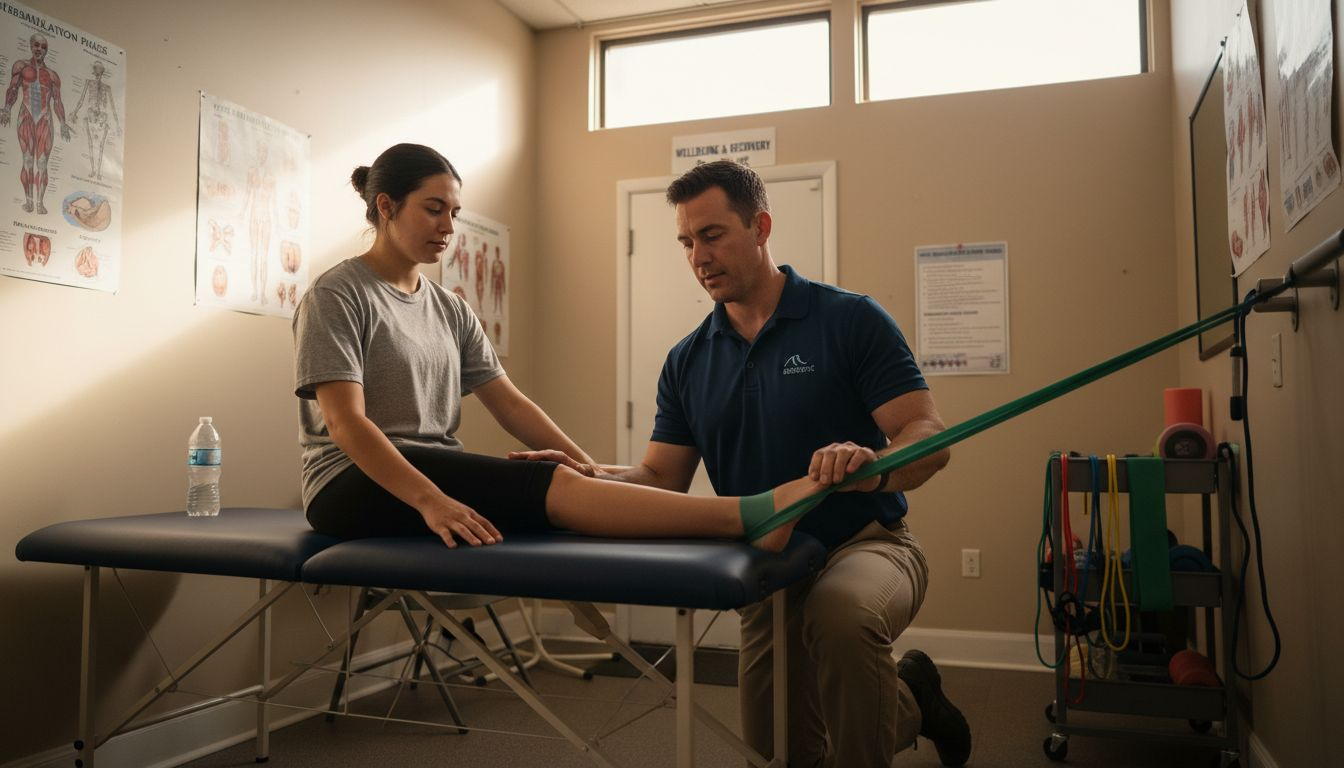 Therapist guides patient through knee rehab