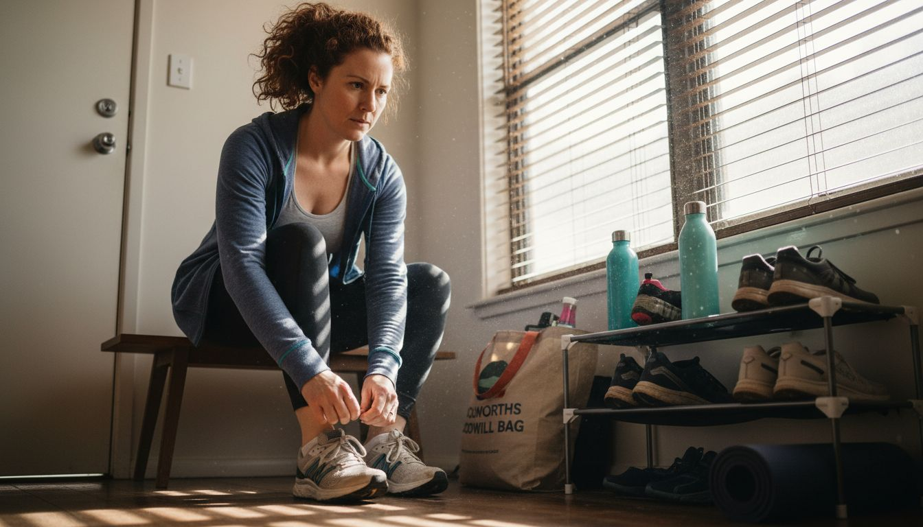 Woman preparing for morning jog at home