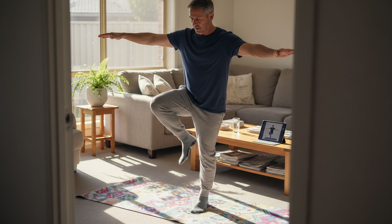 Man practicing balance drills at home