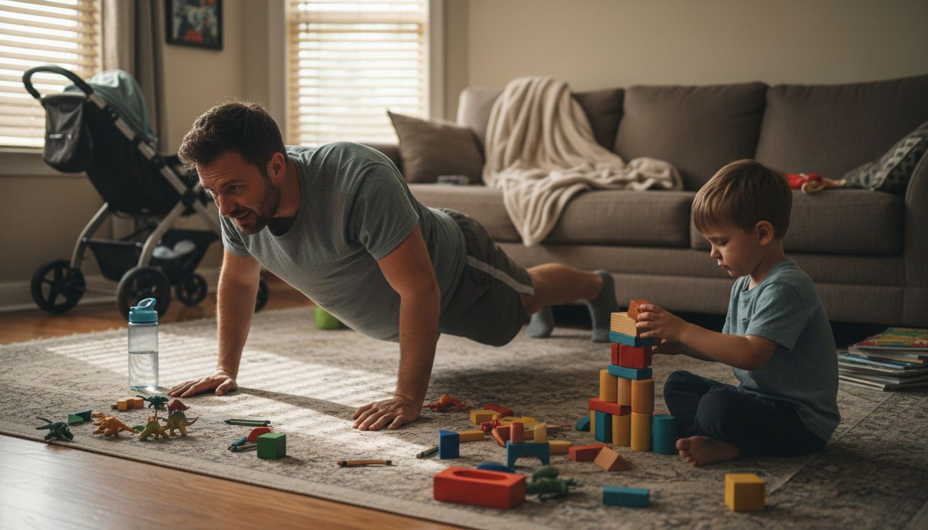 Parent doing strength workout at home with child