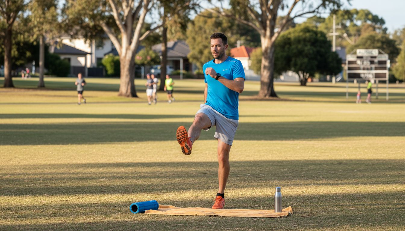 Australian athlete stretching outdoors in park