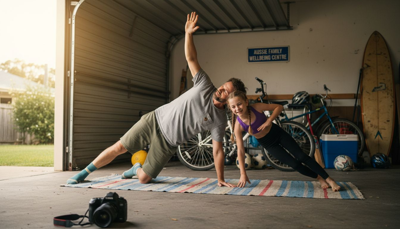 Father and daughter side plank in messy garage