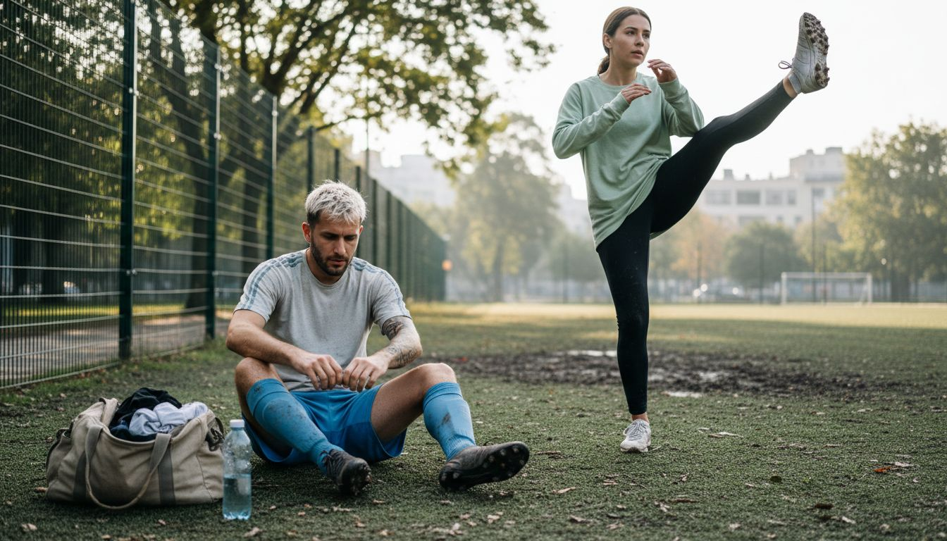 Athletes warming up on turf field to prevent injuries