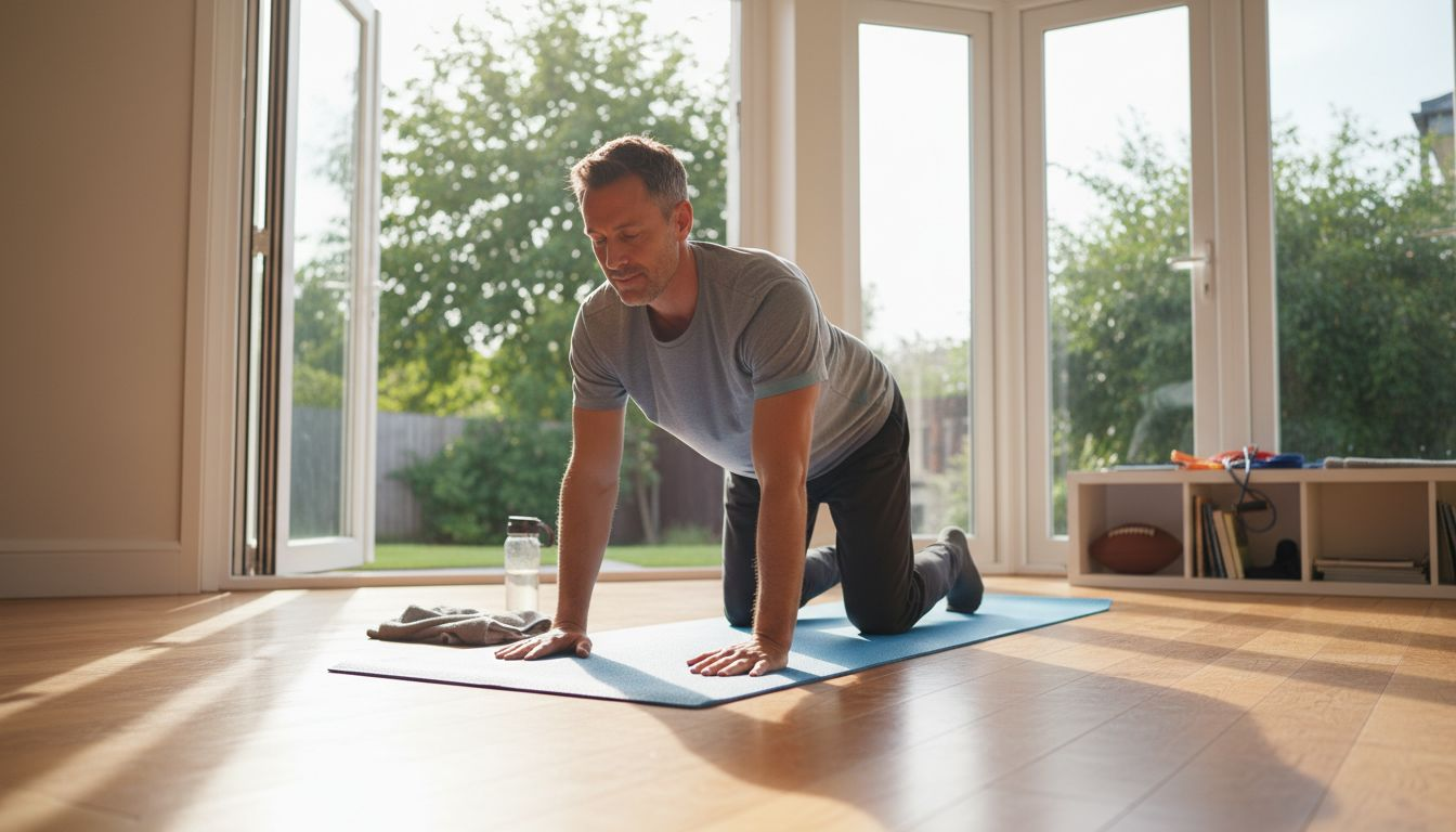 Man performing spinal mobility stretch at home