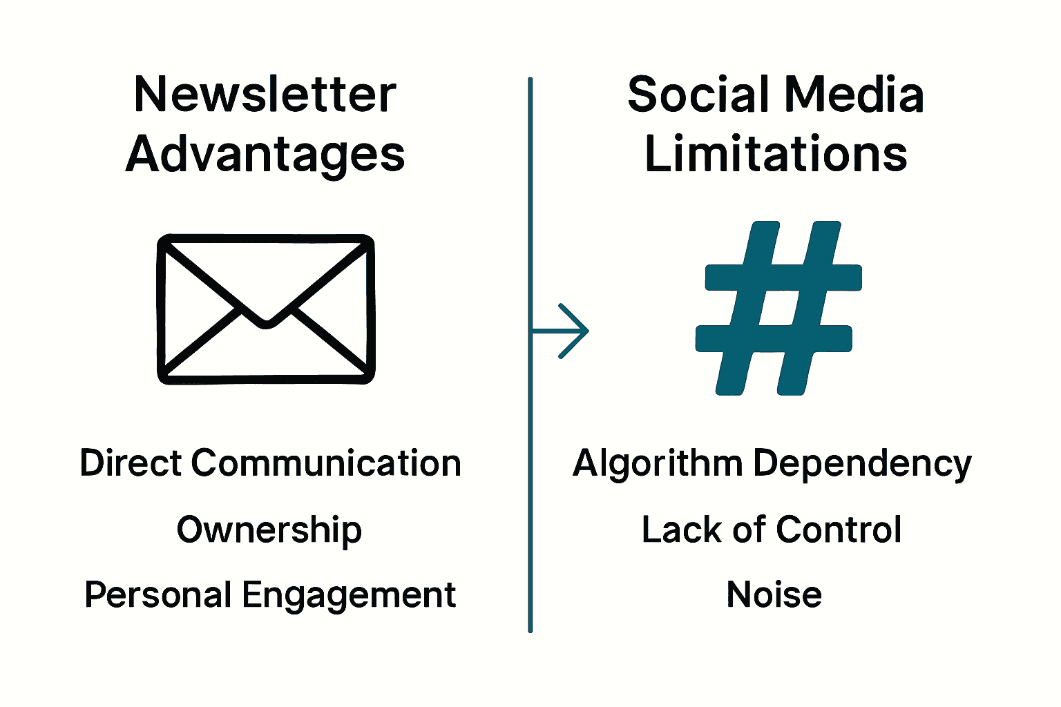 Infographic comparing newsletter advantages and social media limitations for writers.