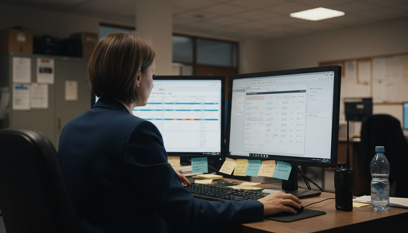 Pracovníčka hotela sleduje údaje na monitoroch Pracovníčka hotela sleduje údaje na monitoroch v rámci digital signage v ubytovaní.