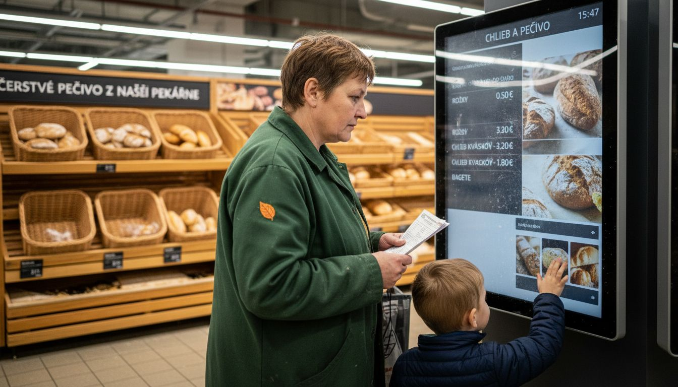 Digitálna obrazovka s ponukou pekárenských výrobkov Dieťa s dospelou osobou si prezerá digitálny obsah pre potraviny pri pečive.