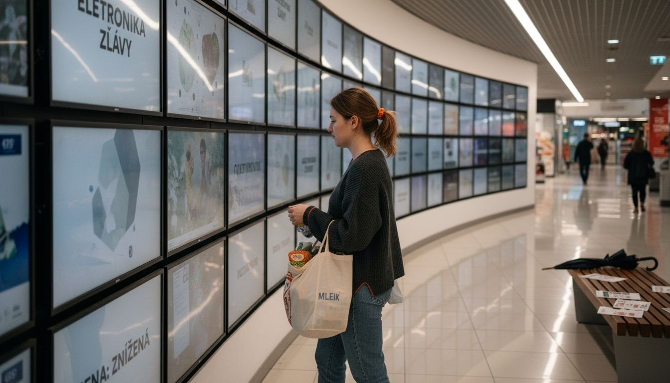 A customer looking at digital screens in a store as part of an indoor signage display — What indoor signage means: Effective