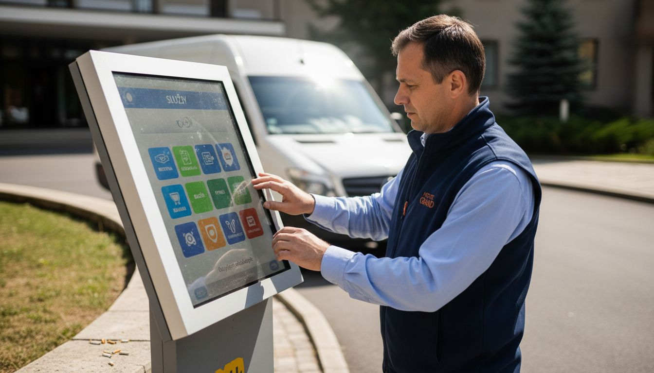 Das Hotelpersonal ist gerade dabei, die Touchscreen-Informationstafel im Freien zu aktualisieren.
