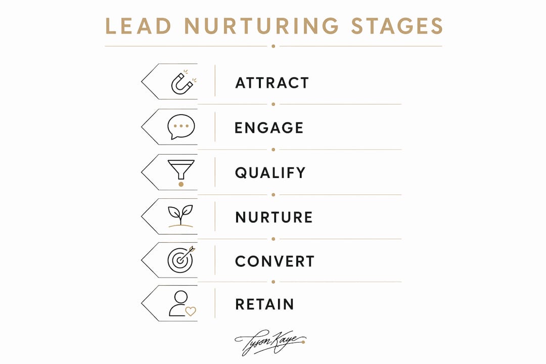 Infographic outlining the six lead nurturing process stages