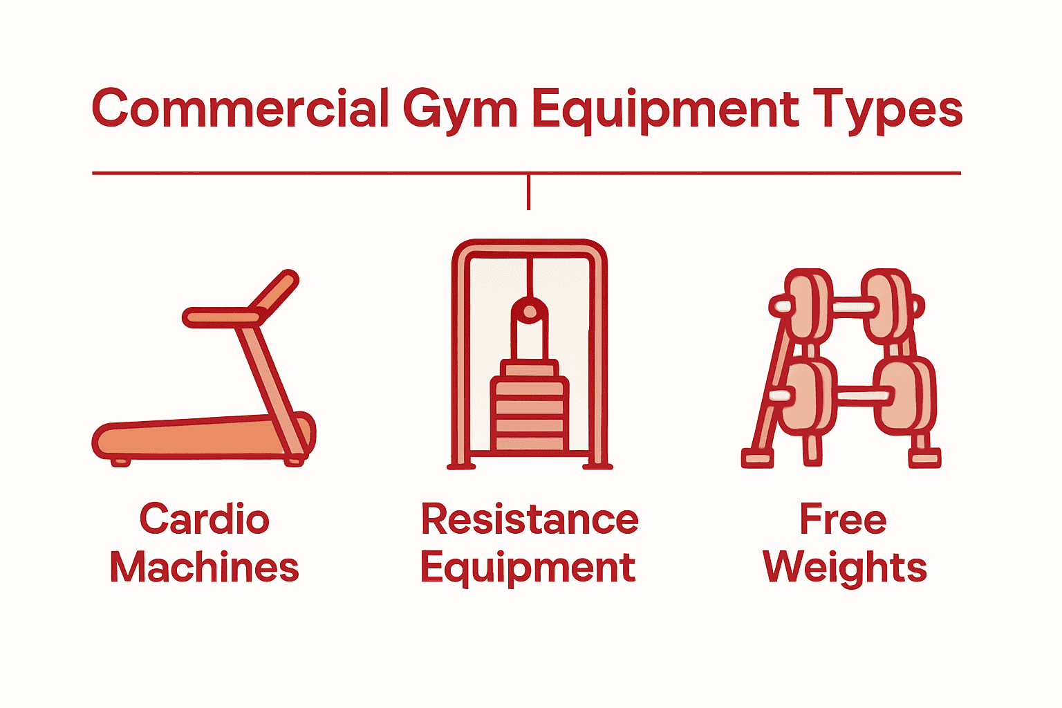 Three main commercial gym equipment categories illustrated