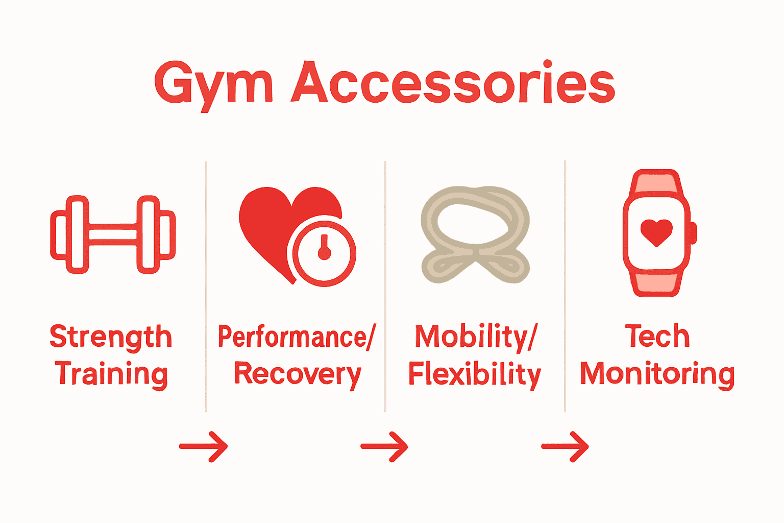 Comparison of key gym accessory types with benefits and icons