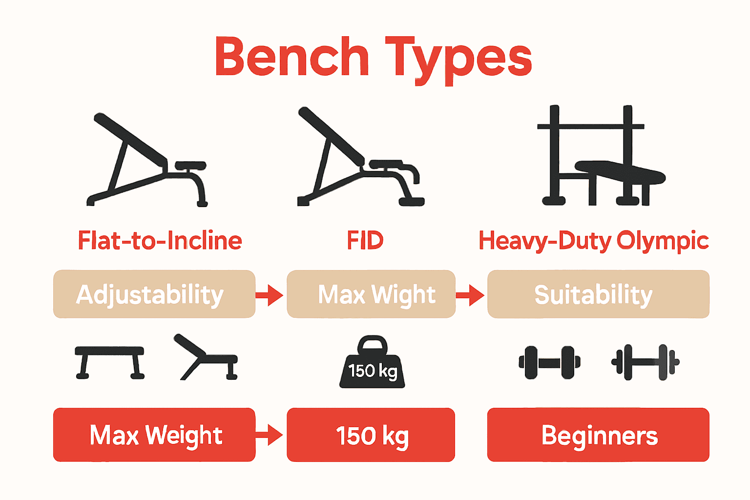 Infographic comparing main types of adjustable benches with features and best uses