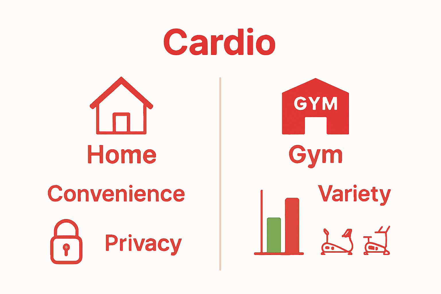 Infographic comparing home and gym cardio: cost, convenience, privacy, variety.