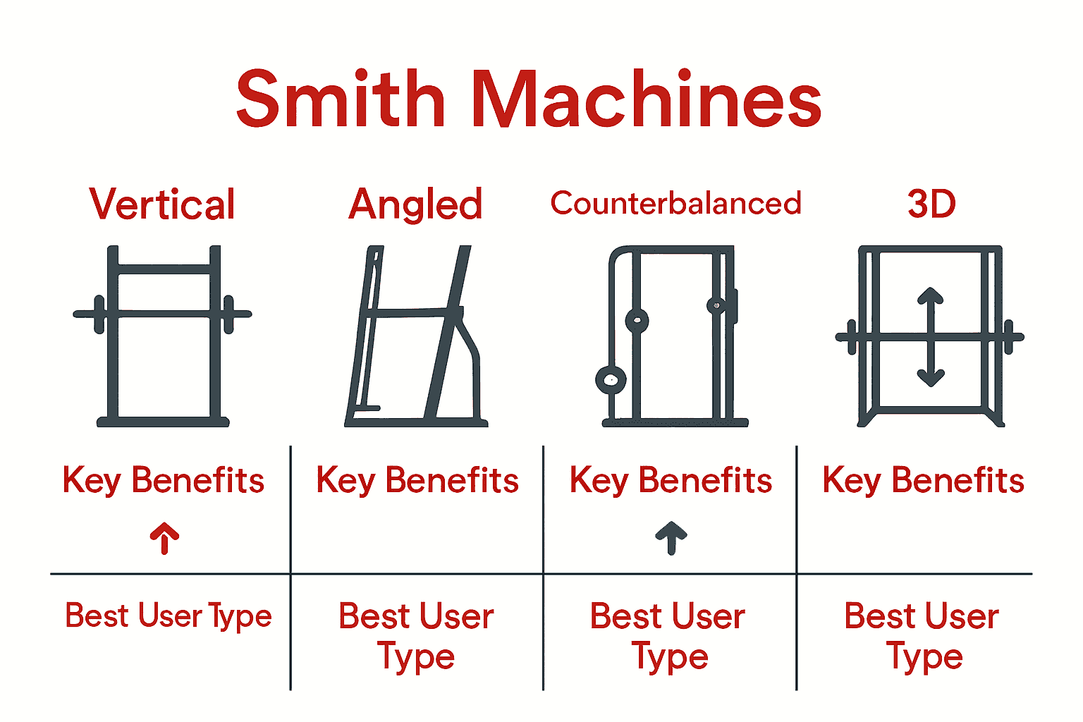 Comparison infographic of Smith machine types: vertical, angled, counterbalanced, 3D.