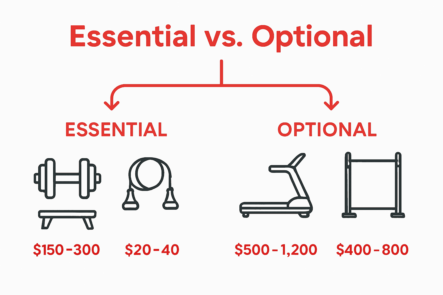 Infographic comparing essential and optional home gym equipment with icons and price ranges.