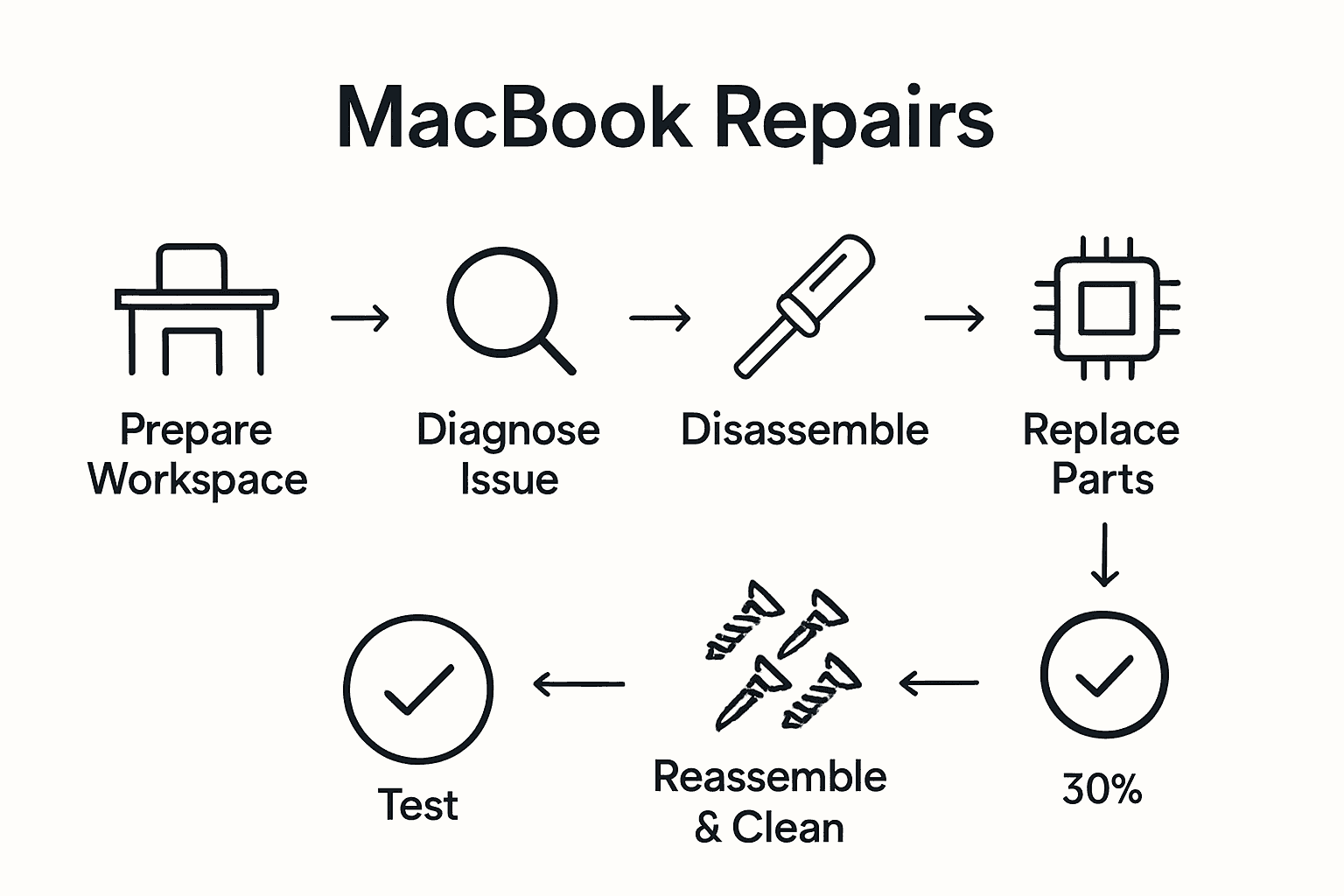 MacBook repair process step-by-step infographic with icons and sequence arrows