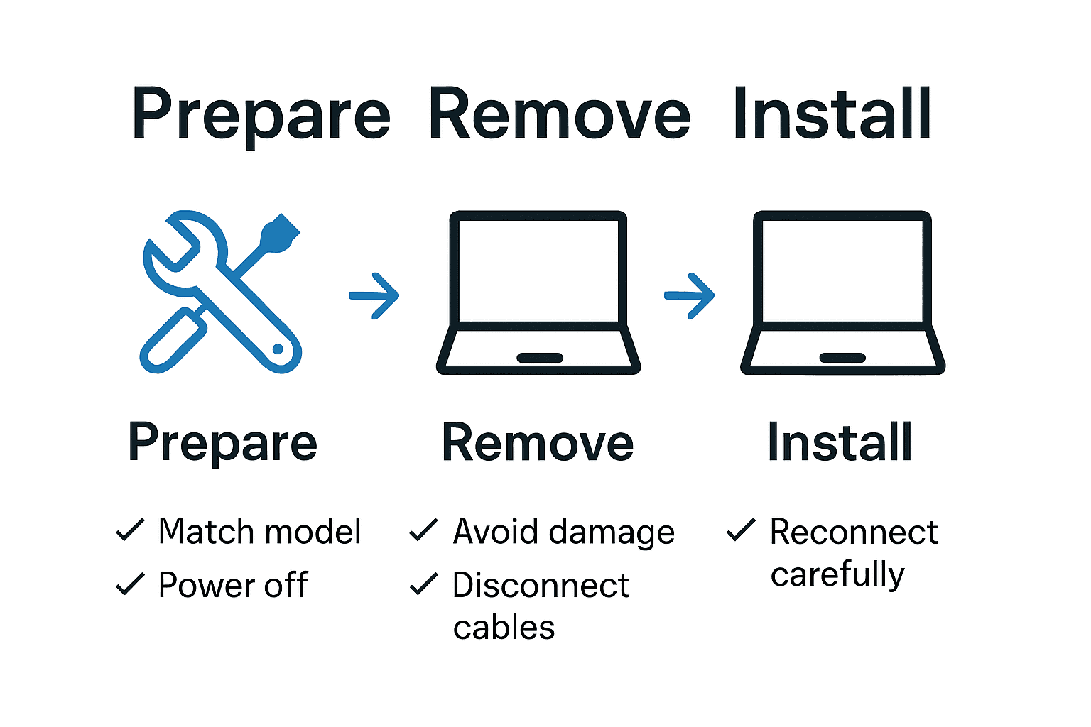 Infographic showing laptop screen replacement key steps