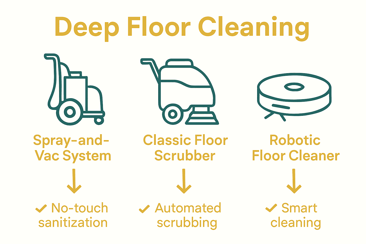 Infographic comparing spray-and-vac, floor scrubber, and robotic cleaner for deep floor cleaning.