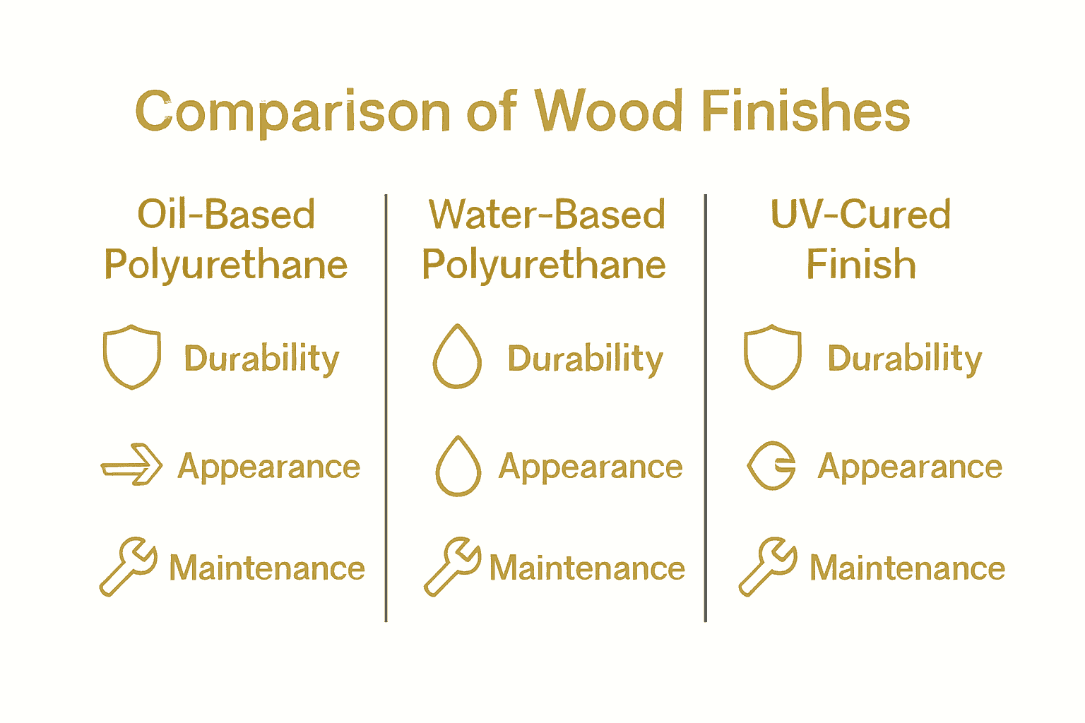 Infographic comparing durability, appearance and maintenance of oil-based, water-based and UV-cured floor finishes.
