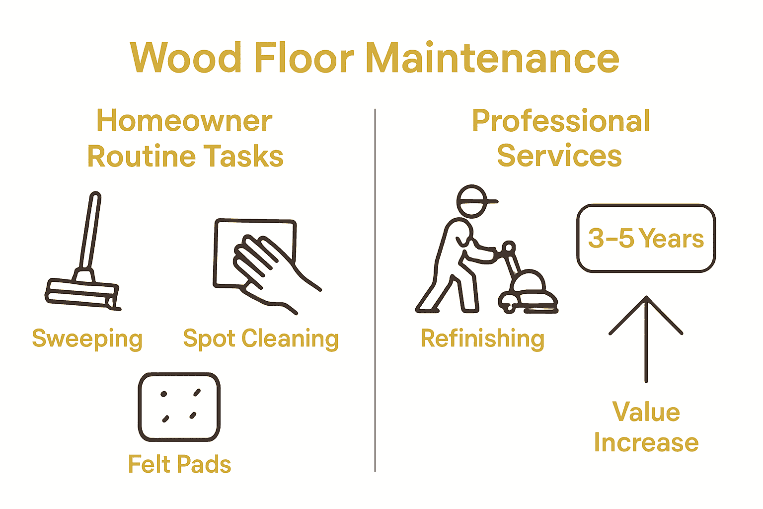 Infographic comparing DIY wood floor care to professional services with icons for cleaning and refinishing.