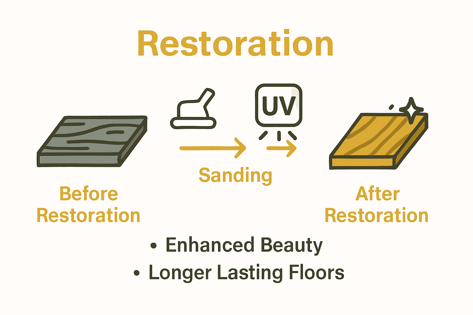 Infographic showing before and after wood floor restoration process