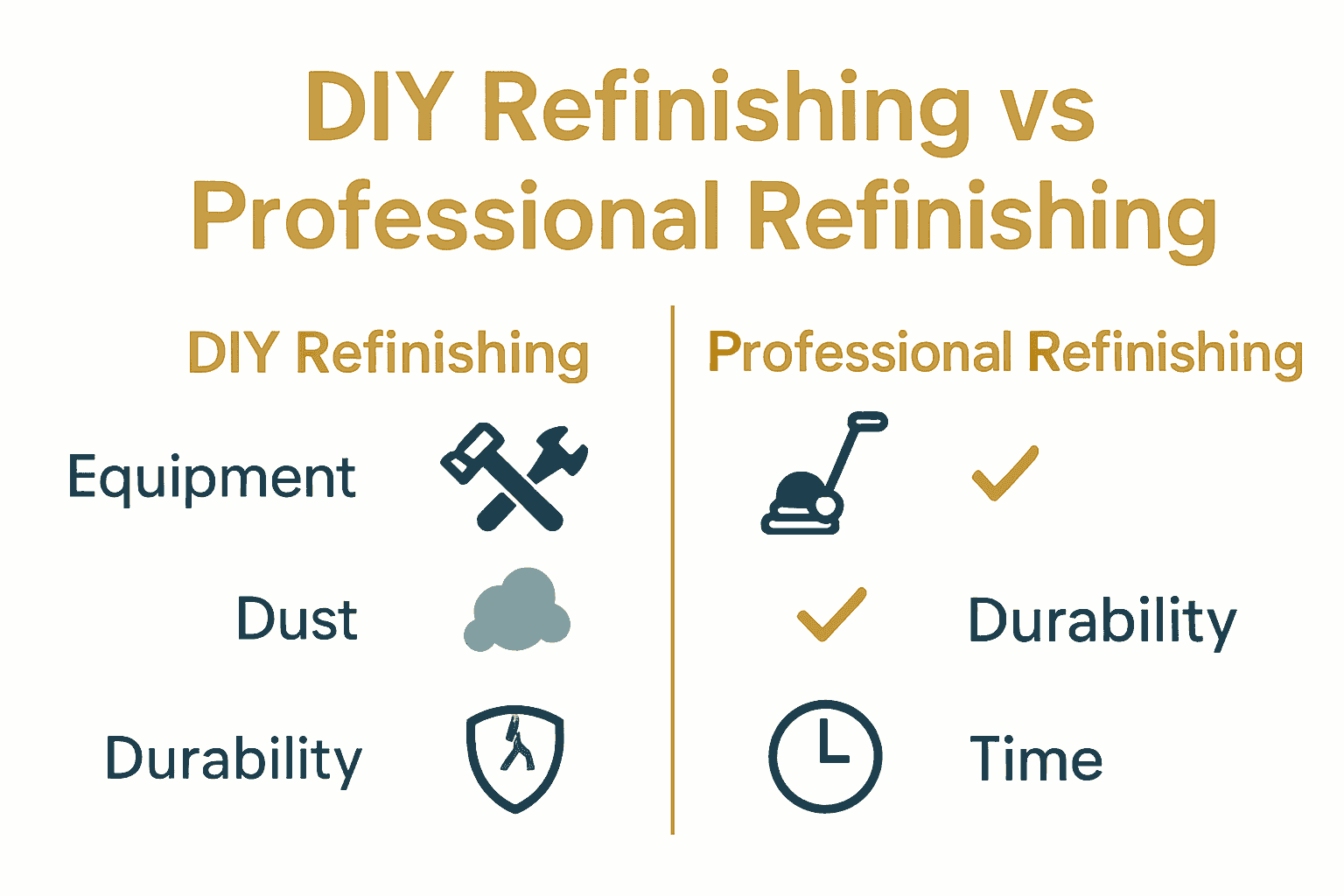 Infographic comparing DIY and professional hardwood floor refinishing on quality, dust, time, and durability.