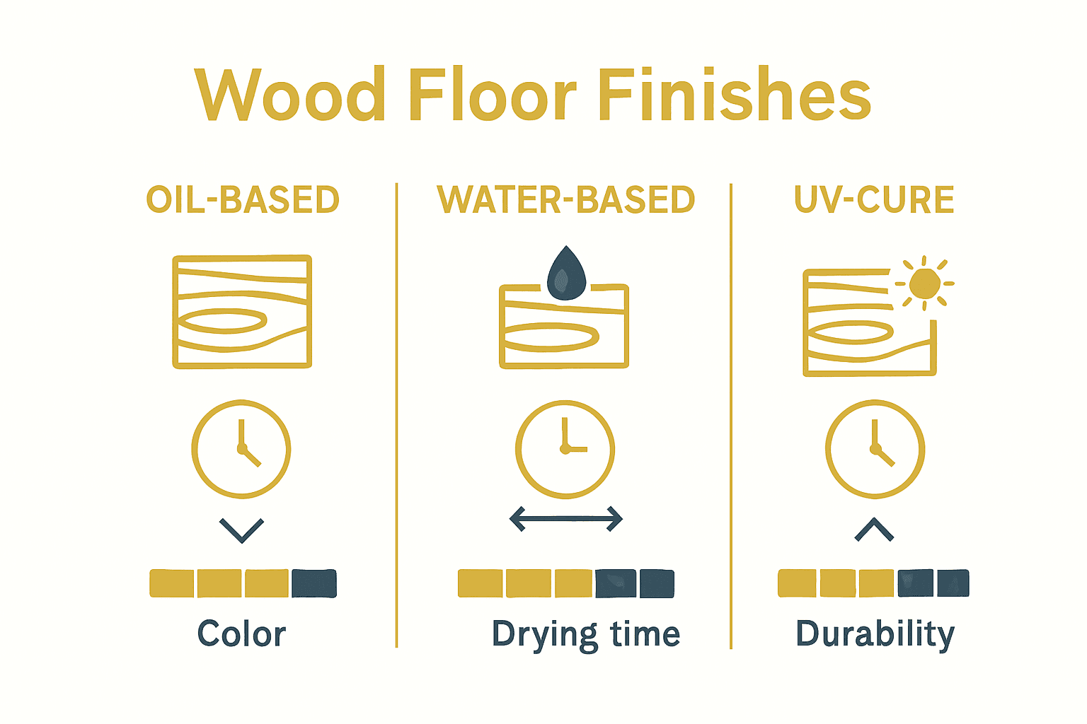 Visual comparison of oil-based, water-based, and UV-cure wood floor finishes with icons for appearance, drying time, and durability levels.