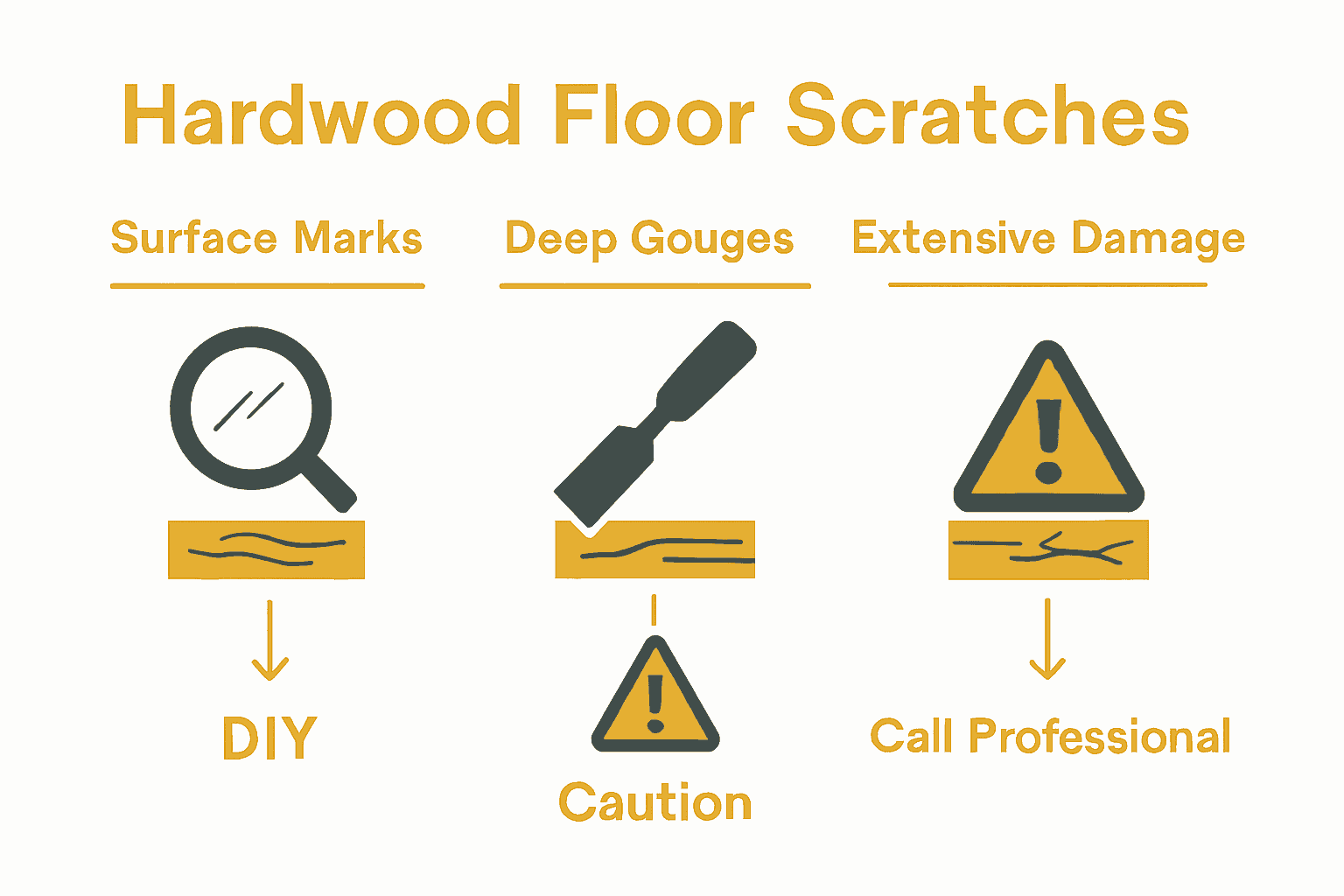 Infographic showing types of wood floor scratches and their recommended repair methods.