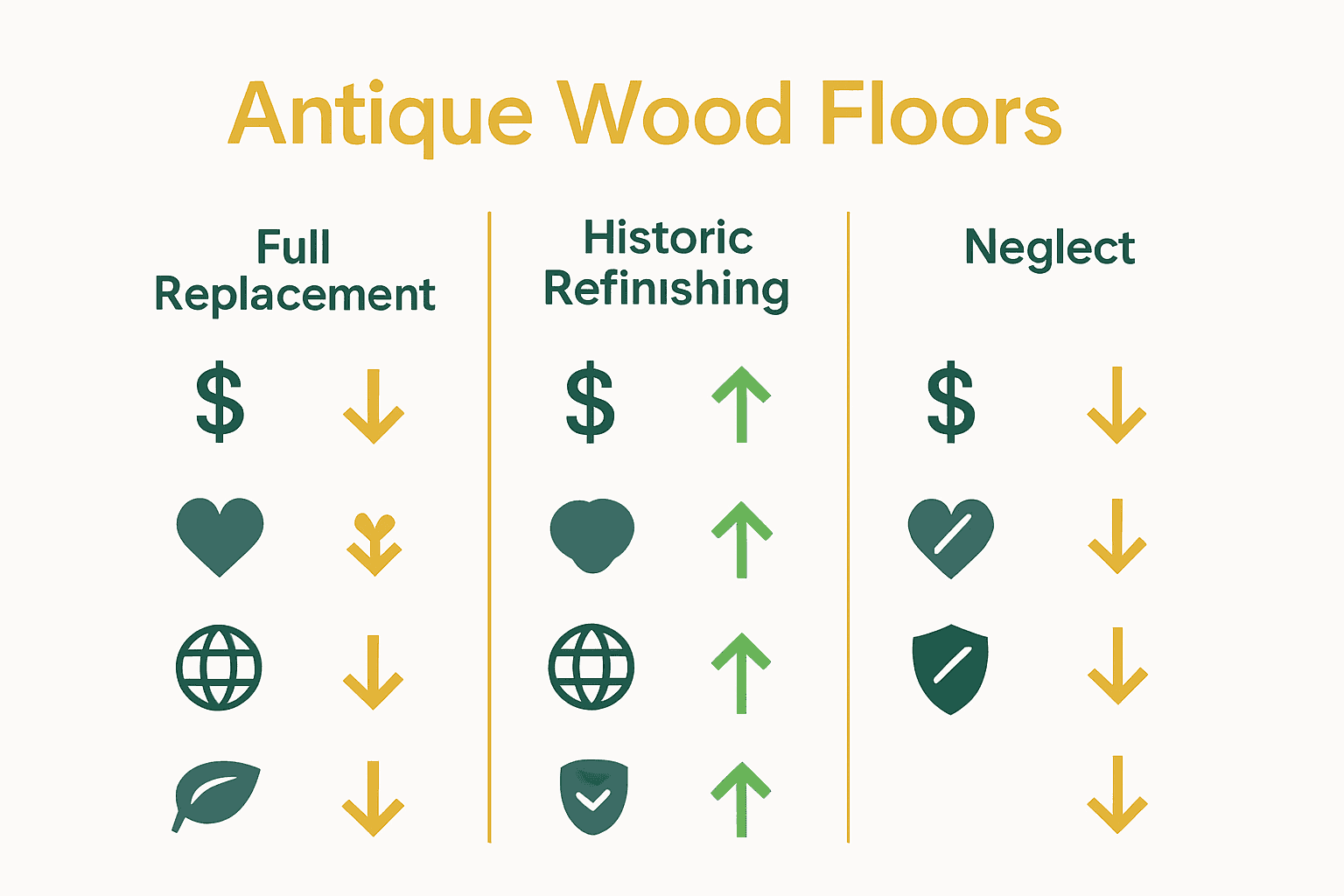 Comparison graphic of restoration, replacement, and neglect options for historic wood floors.
