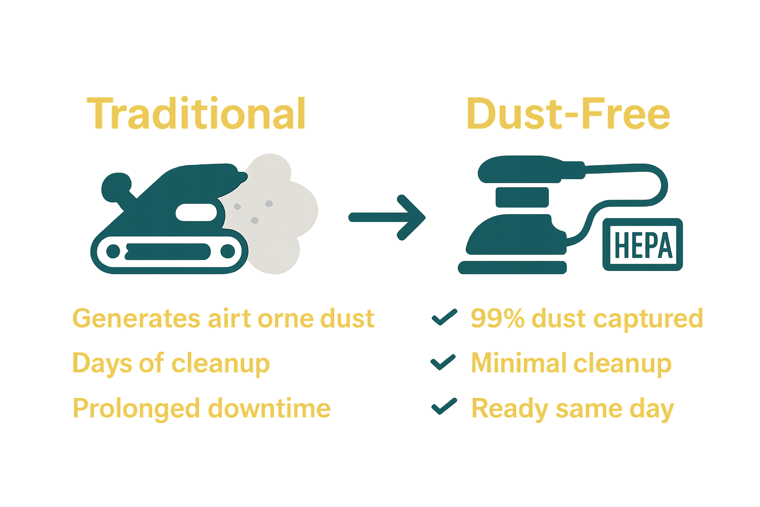 Infographic comparing traditional and dust-free floor refinishing methods and outcomes.