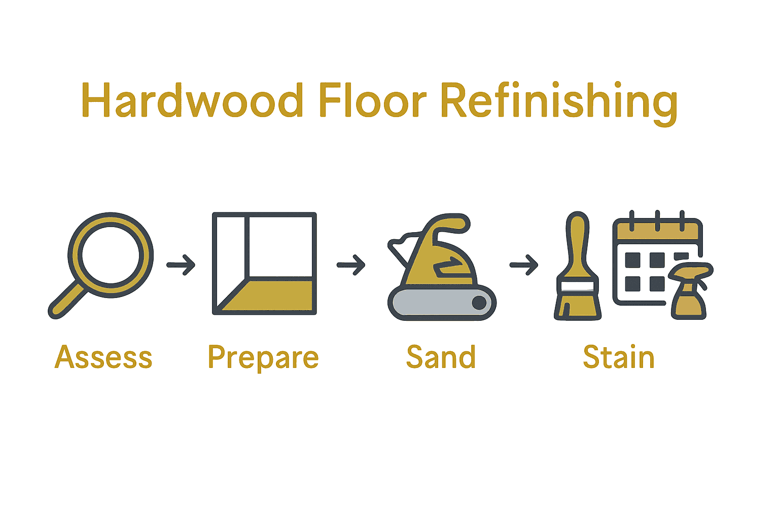 Infographic showing the 5-step hardwood floor refinishing process for Smithtown homes.