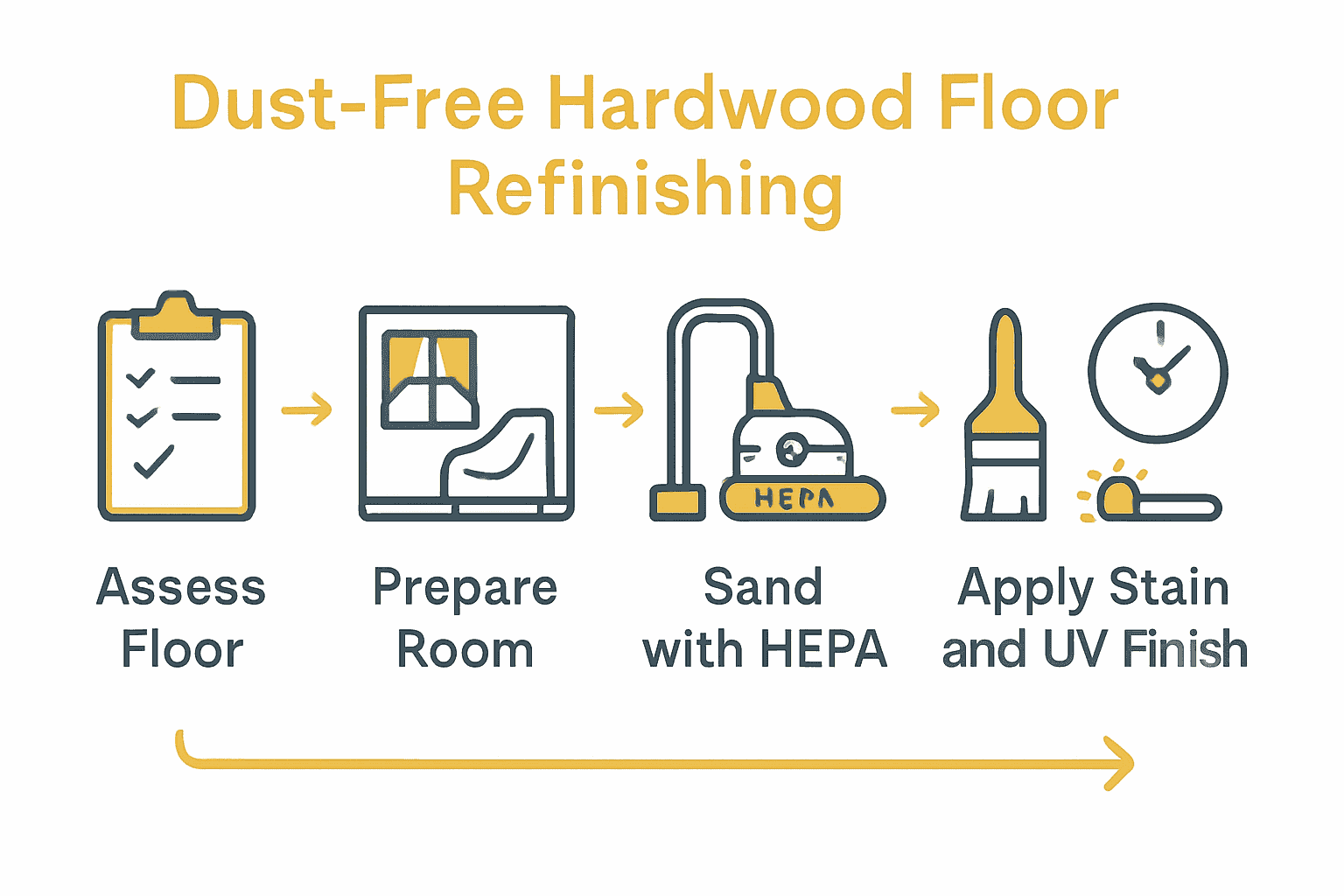 Infographic showing five-step dust-free hardwood floor refinishing process.