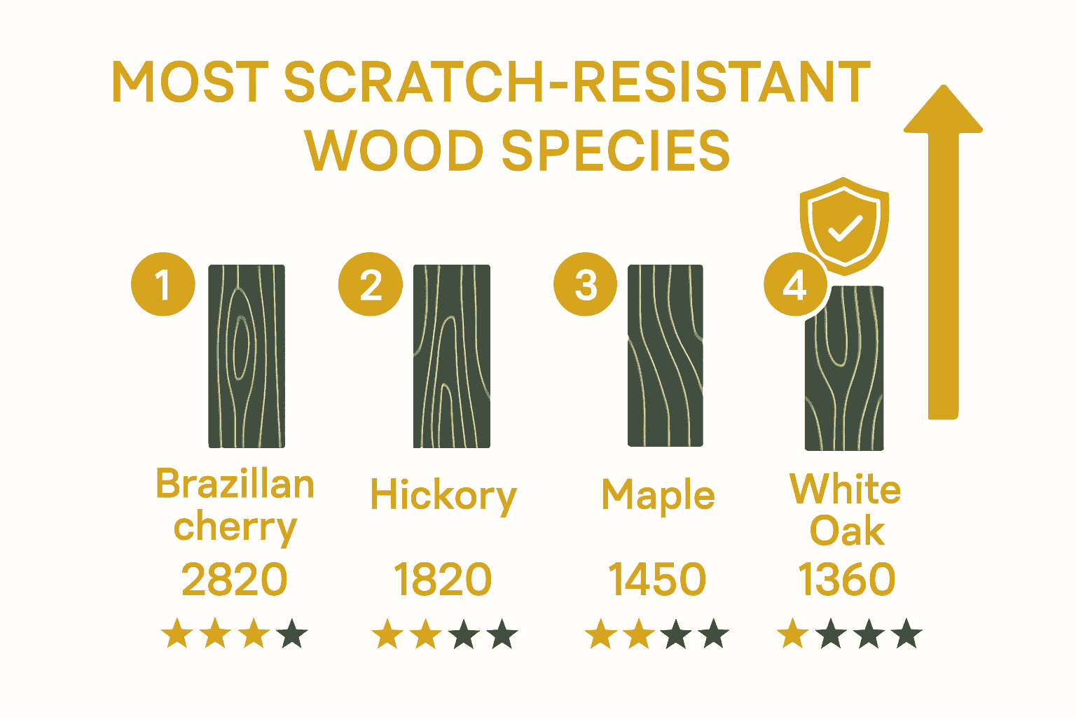 Infographic comparing scratch resistance of top hardwood floor species.