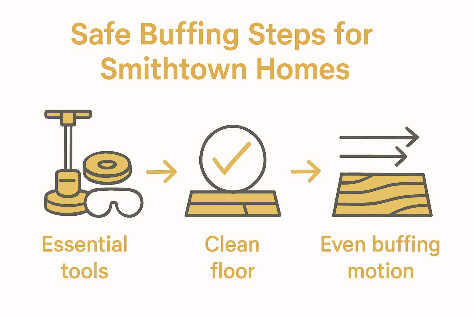 Infographic showing tools, clean floor, buffing motion for hardwood floor safety