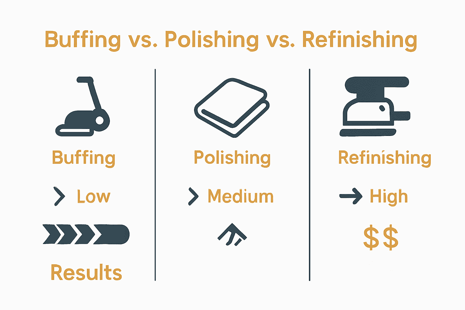 Comparison infographic for buffing, polishing, and refinishing hardwood floors