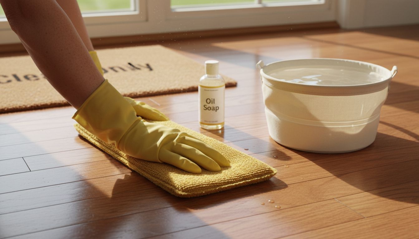 Gently mopping wood floor with care