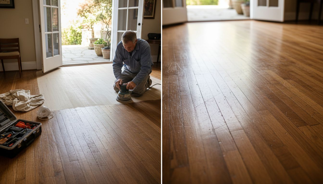 Specialist sanding uneven wood floor surface