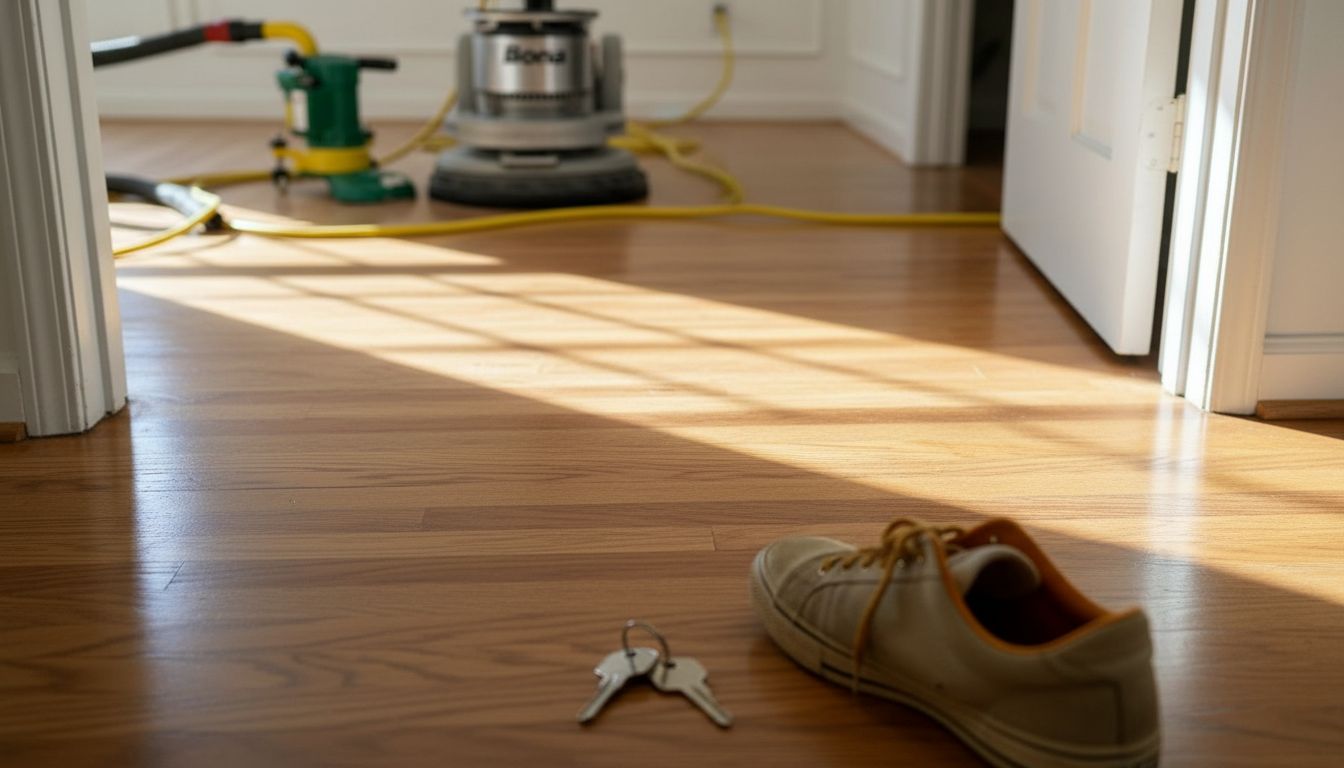 Scratched hardwood floor near doorway
