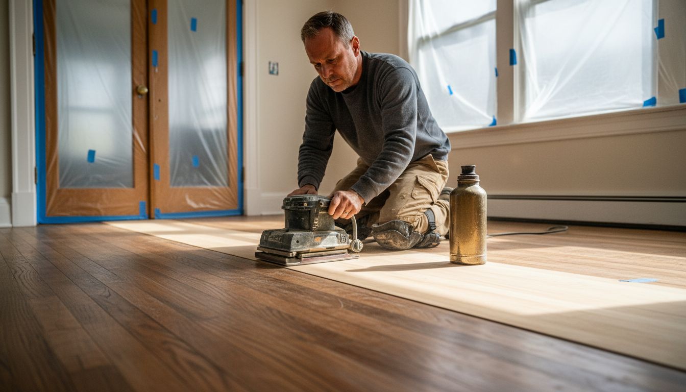 Technician sanding Setauket dining room hardwood boards