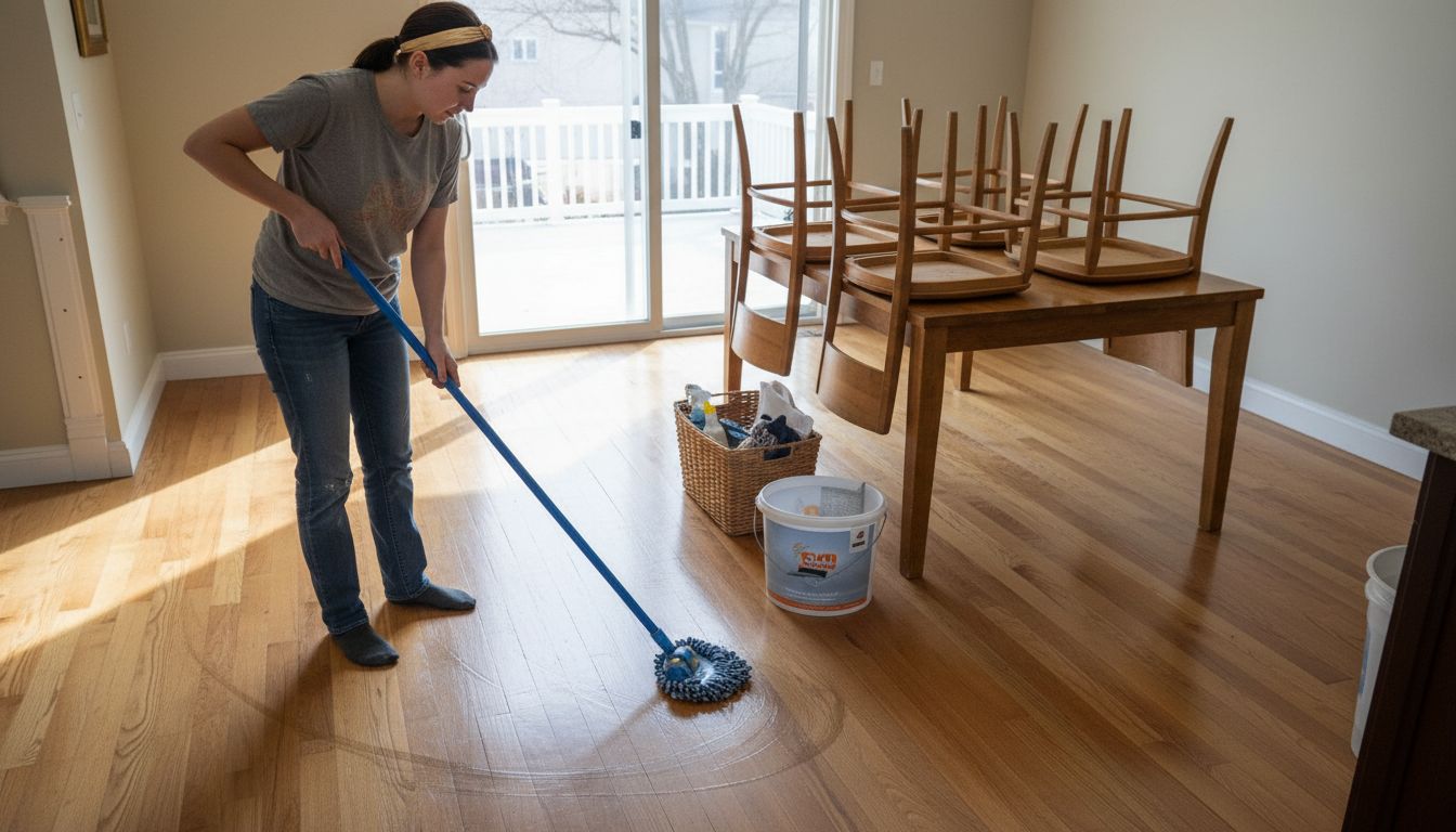 Woman cleaning hardwood floor before staining