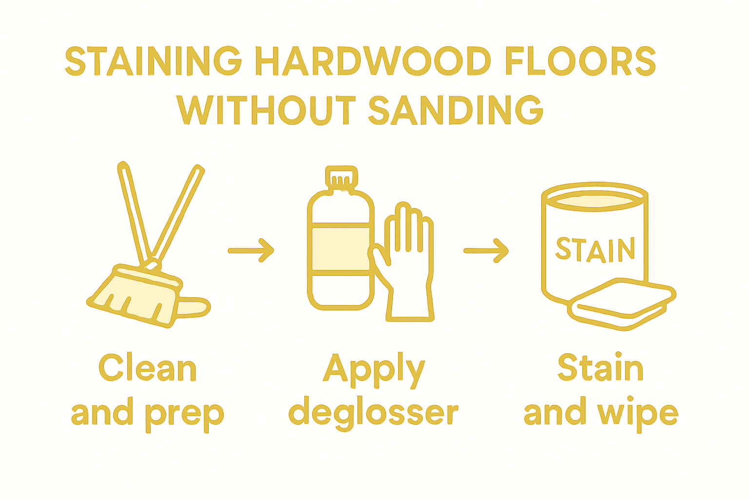 Infographic showing steps for staining hardwood without sanding