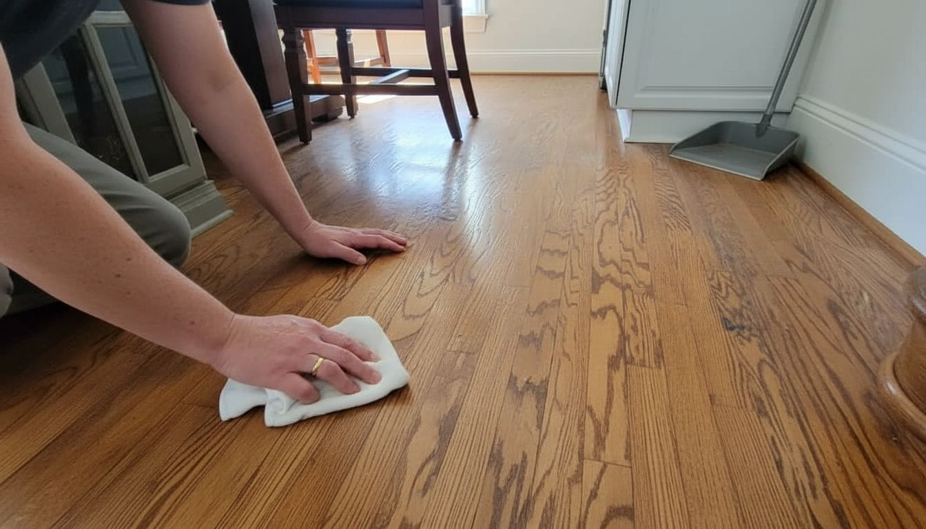 Hands buffing streaked hardwood flooring