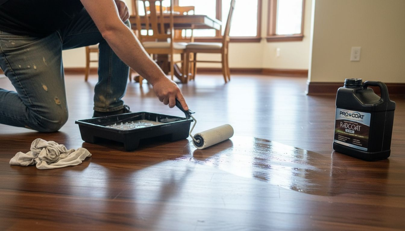 Closeup professional applying hardwood floor finish