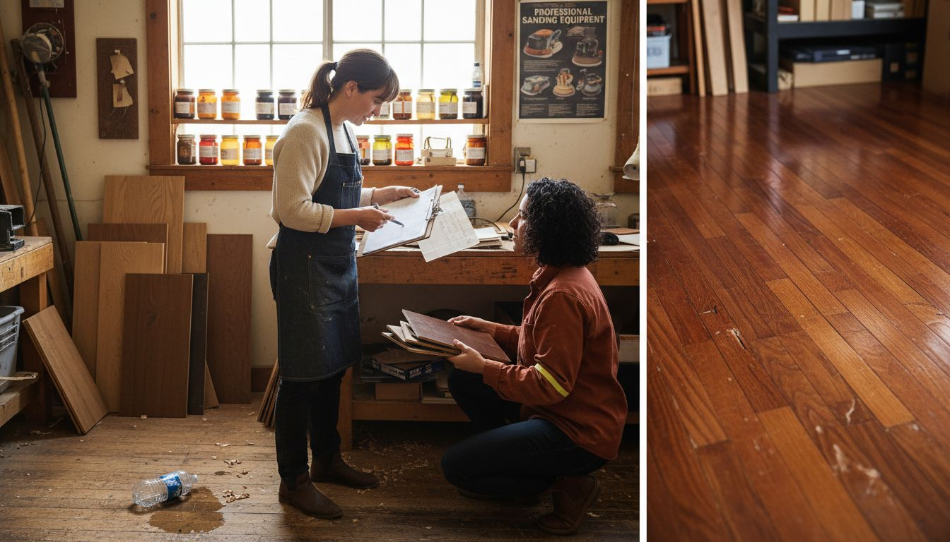 Professionals comparing floor refinishing methods