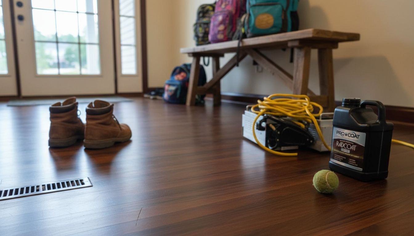 Worn hardwood floor near busy entrance
