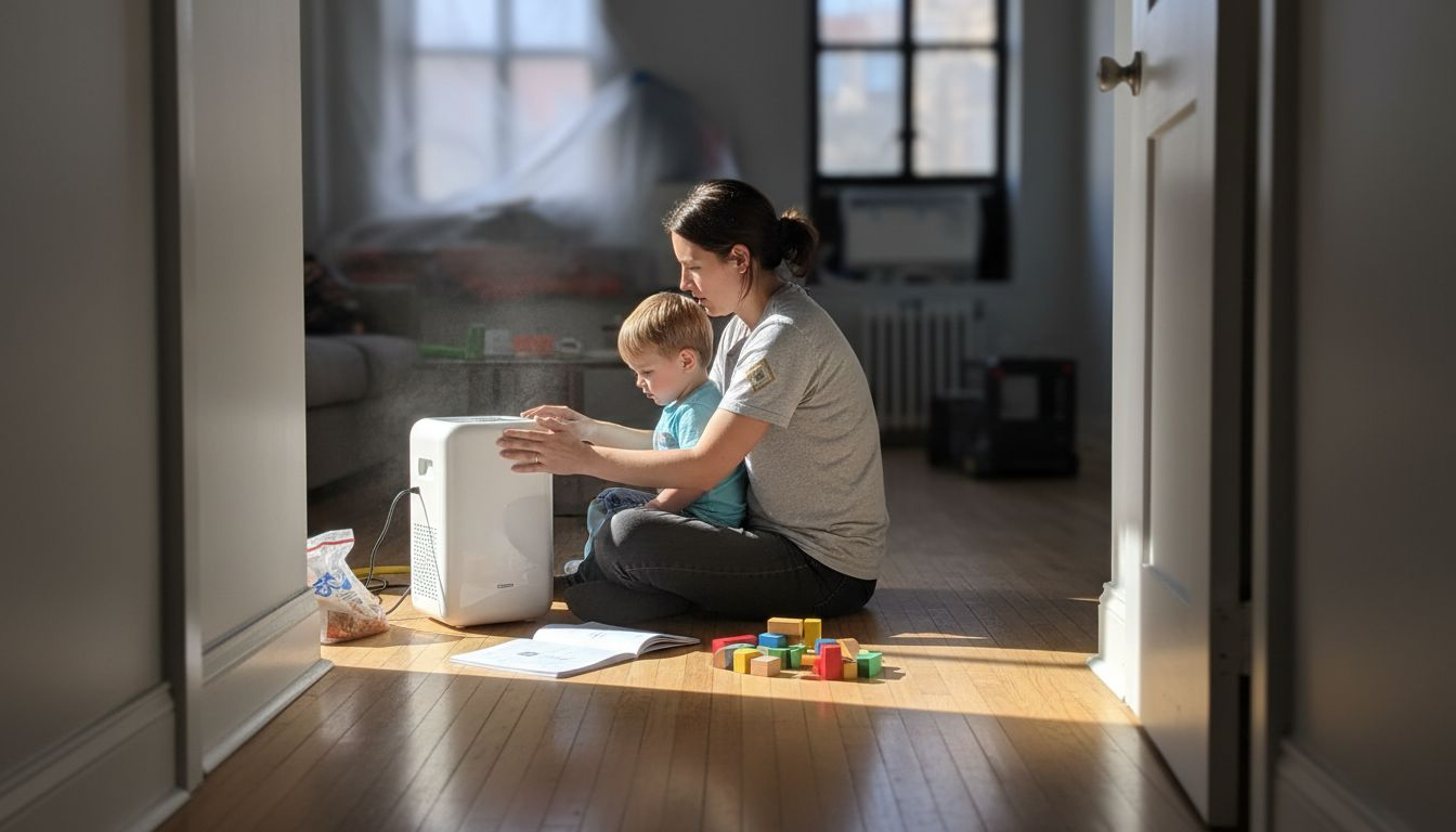 Family on dusty floor with air purifier