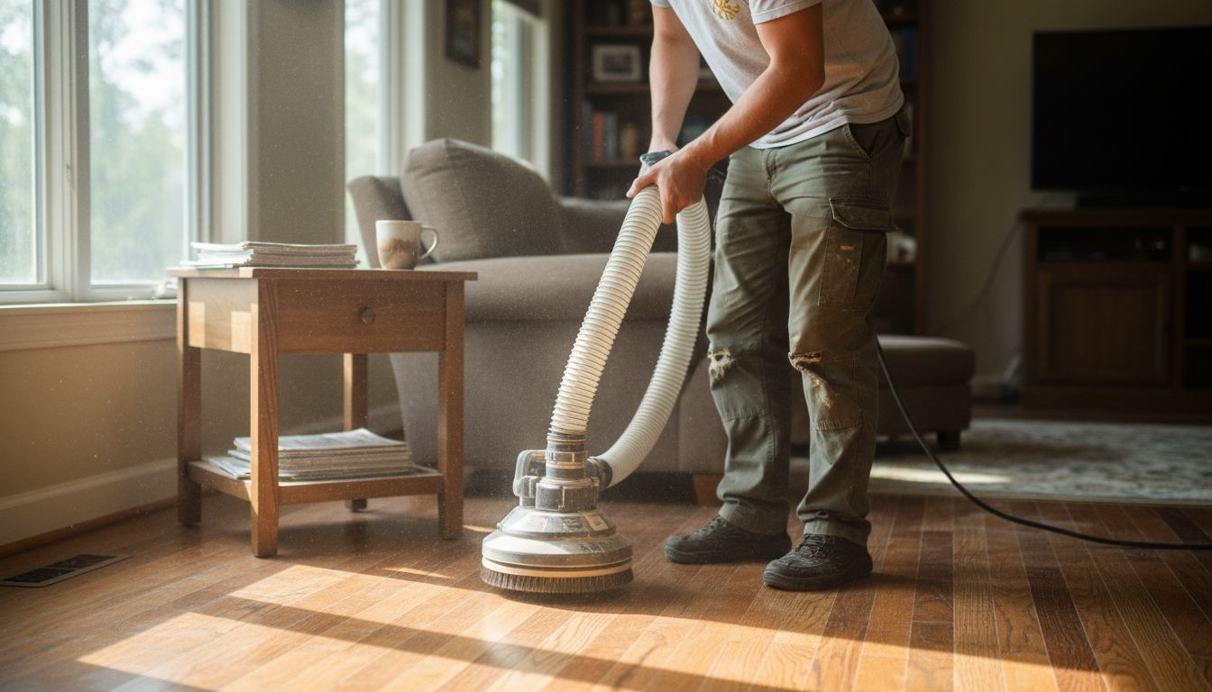 Worker using dust-free sanding machine on floor